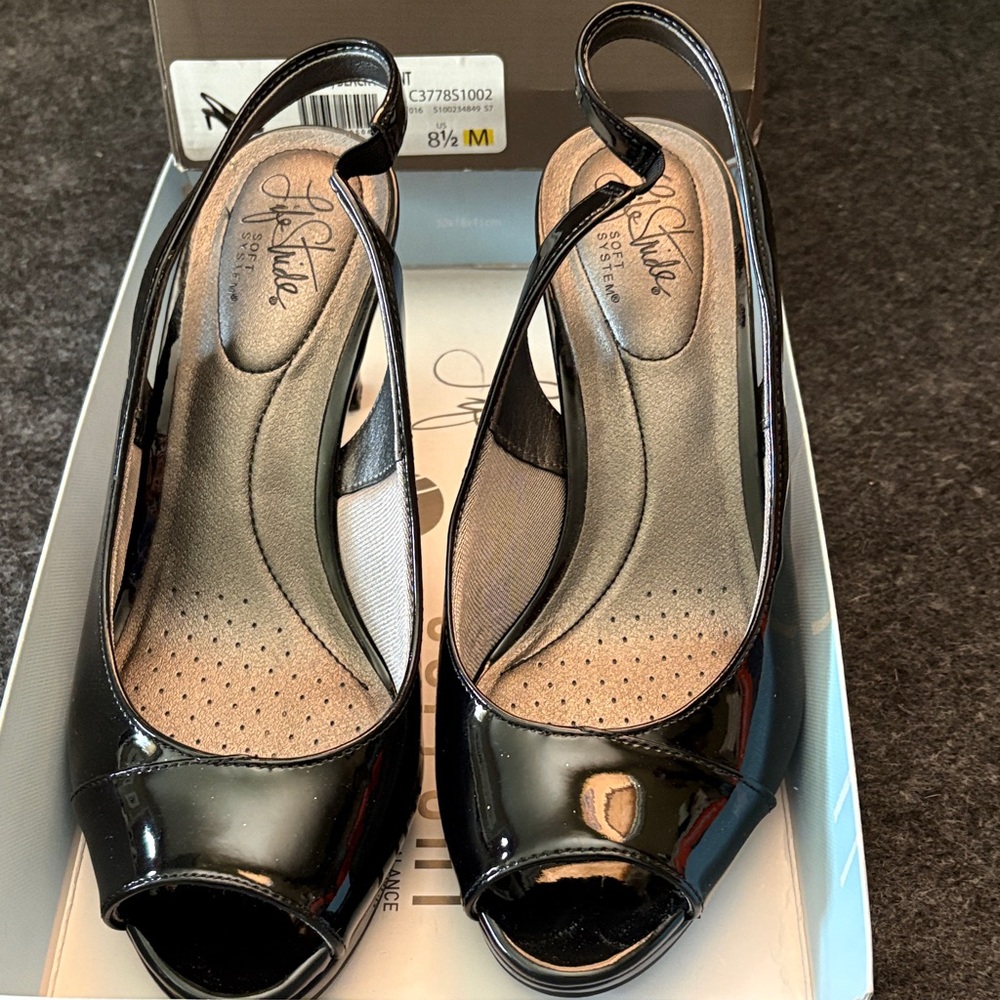 Life Stride Black Patent Peep Toe Slingback Heels